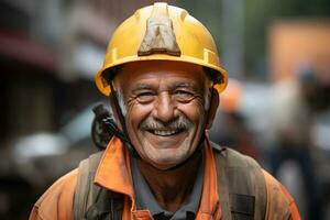 sonriente Pakistán mayor obrero. concepto de la seguridad medidas, experto labor y personal. foto