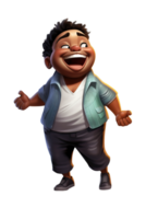 AI Generated Black kid boy dancing, jumping in joy raising hands and laughing, isolated illustration, cartoon style character, transparent background png