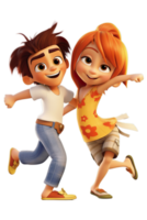 AI Generated Couple kids dancing, jumping in joy raising hands and laughing, isolated illustration, cartoon style character, transparent background png