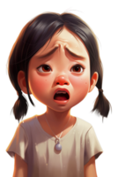 AI Generated Asian kid girl crying, scared and sad, isolated illustration, cartoon style character emotion, transparent background png