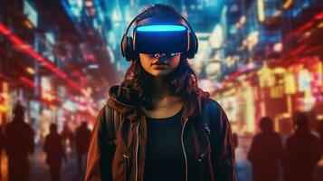 Generative AI, beautiful woman in VR glasses in neon space street, virtual reality headset  in cyberspace photo