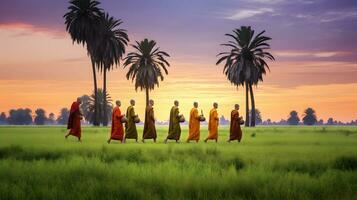 Buddhist monks walking across green field with palm trees in morning photo