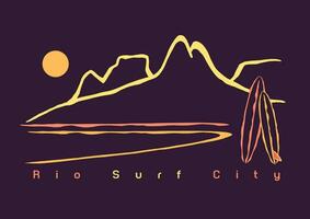 Vector illustration of Rio de Janeiro coastal landscape with surfboards. Art in a minimalist style, with stylized and simple lines. Editable design for printing on t-shirts, posters, decoration, etc.