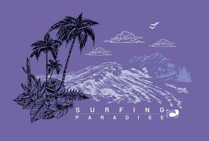 Beautiful vector illustration of coastal landscape with text related to surfing. Handmade drawing with free and uncluttered lines. Art for prints on t-shirts, posters, etc...