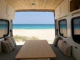 Beach scene seen by camper inside camper van photo