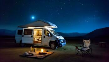 Van car under stars during midnight. Van life photo