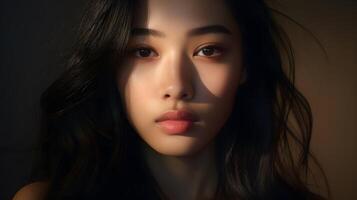 Beautiful young Asian woman portrait, cute girl wallpaper background photo, Generative AI photo