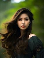 Beautiful young Asian woman portrait, cute girl wallpaper background photo, Generative AI photo