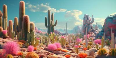 Generative AI, psychedelic and surreal scenery with cactus in the desert. Landscape of the wild west photo