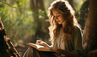 Beautiful caucasian girl reading holy bible book in jungle photo