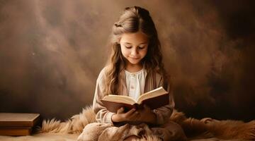 Cute child girl reading bible book. Worship at home. photo