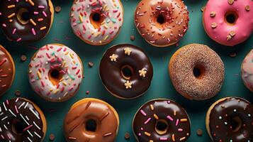 Generative AI, Assorted colorful glazed donuts with sprinkles, sweet baked dessert photo