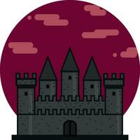 Dark Medieval castle flat icon. Fortress on red bloody sky circle background. Medieval architecture. Vector illustration of knight castle with walls and towers isolated on white background