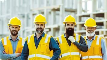 Construction site workers standing with folded arms wearing safety vests and helmets. photo