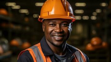 Afro american industrial worker. Concept of safety measures, skilled labour and workforce. photo