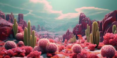 Generative AI, psychedelic and surreal scenery with cactus in the desert. Landscape of the wild west photo