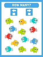 Math game for kids. How many fish turned left and right. Printable worksheets. vector