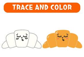 Trace and color cute croissant Educational game Worksheet for kids vector