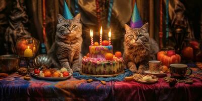 Generative AI, Cat birthday party, cake with a candles photo