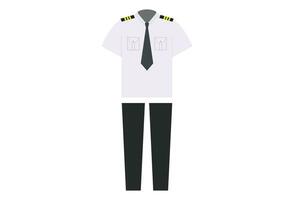 pilot uniform, typically consists of a navy blue or black suit-style jacket with gold or silver stripes on the sleeves, matching pants, and a white dress shirt. The uniform is designed to create a vector