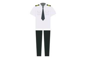 pilot uniform, typically consists of a navy blue or black suit-style jacket with gold or silver stripes on the sleeves, matching pants, and a white dress shirt. The uniform is designed to create a vector