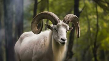 Portrait of altai mountain goat in forest. photo