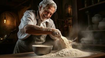 Generative AI, Old man hands of baker in restaurant or home kitchen, prepares ecologically natural pastries. photo