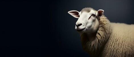 Head shot of white sheep isolated on black background. photo