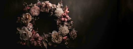 Generative AI, Close up wreath, blooming flowerbeds of amazing pink flowers on dark moody floral textured background. photo
