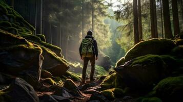 Back view of man hiking in the woods. photo