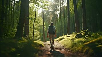 Back view of man hiking in the woods. photo