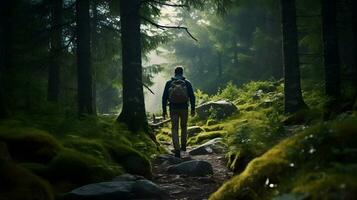 Back view of man hiking in the woods. photo
