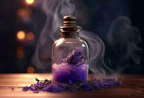 Generative AI, A bottle of essential oil with fresh lavender twigs withh smoke on dark background, herbal oil and flowers photo