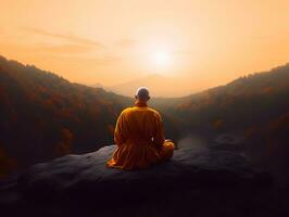 Buddhist monk in meditation on mountaintop at beautiful sunset or sunrise photo