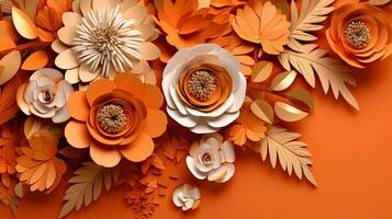 Generative AI, Paper cut craft flowers and leaves, apricot crush orange color, origami textured background, spring mood. Floral frame layout.. photo