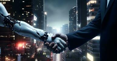 Robot and businessman in handshake. Concept of human robot relationships. photo