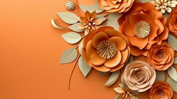 Generative AI, Paper cut craft flowers and leaves, apricot crush orange color, origami textured background, spring mood. Floral frame layout. photo