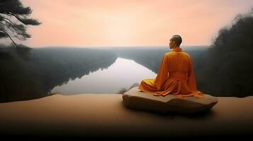 Buddhist monk in meditation on mountaintop at beautiful sunset or sunrise photo