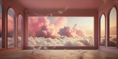 Generative AI, Pink magenta fantastic 3d clouds in the room interior, sky and landscape. Gentle colors and with bright lights. photo