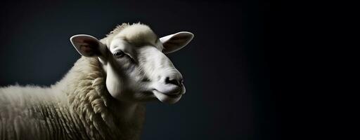 Head shot of white sheep isolated on black background. photo