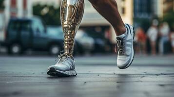 Generative AI, person with disability, prosthetic limb running and does not feel obstacles photo