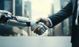 Robot and businessman in handshake. Concept of human robot relationships. photo