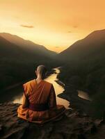 Buddhist monk in meditation on mountaintop at beautiful sunset or sunrise photo