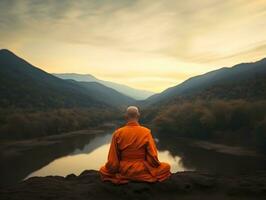 Buddhist monk in meditation on mountaintop at beautiful sunset or sunrise photo