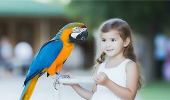 guacamayo loro y pequeño muchacha. mascota pájaro concepto. foto