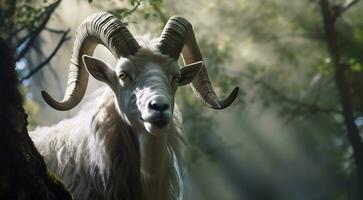 Portrait of altai mountain goat in forest. photo