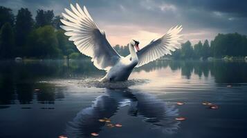 Mute swan flapping wings in the lake. photo