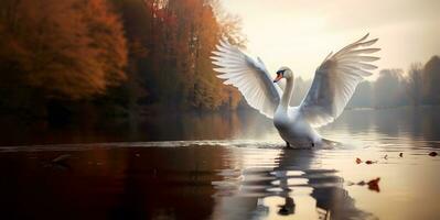 Mute swan flapping wings in the lake. photo