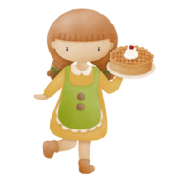 Illustration of cartoon girl character standing and serving snacks on transparent background, illustration for various designs. png