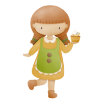 Illustration of cartoon girl character standing and serving snacks on transparent background, illustration for various designs. png